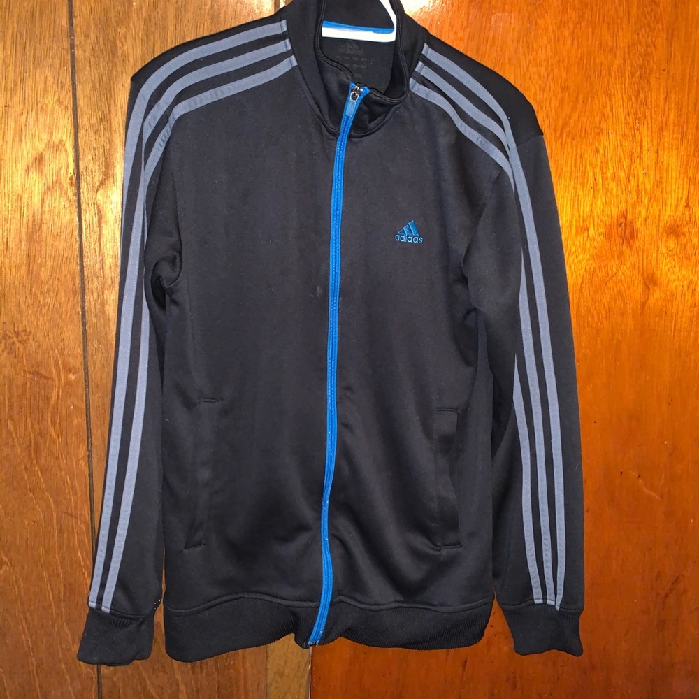 Adidas Black zip-up hoodie with blue stripes
